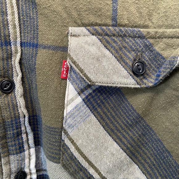 Levis Green Blue Plaid Flannel Shirt Jacket Sherpa Lined Insulated Size Medium - Picture 3 of 8